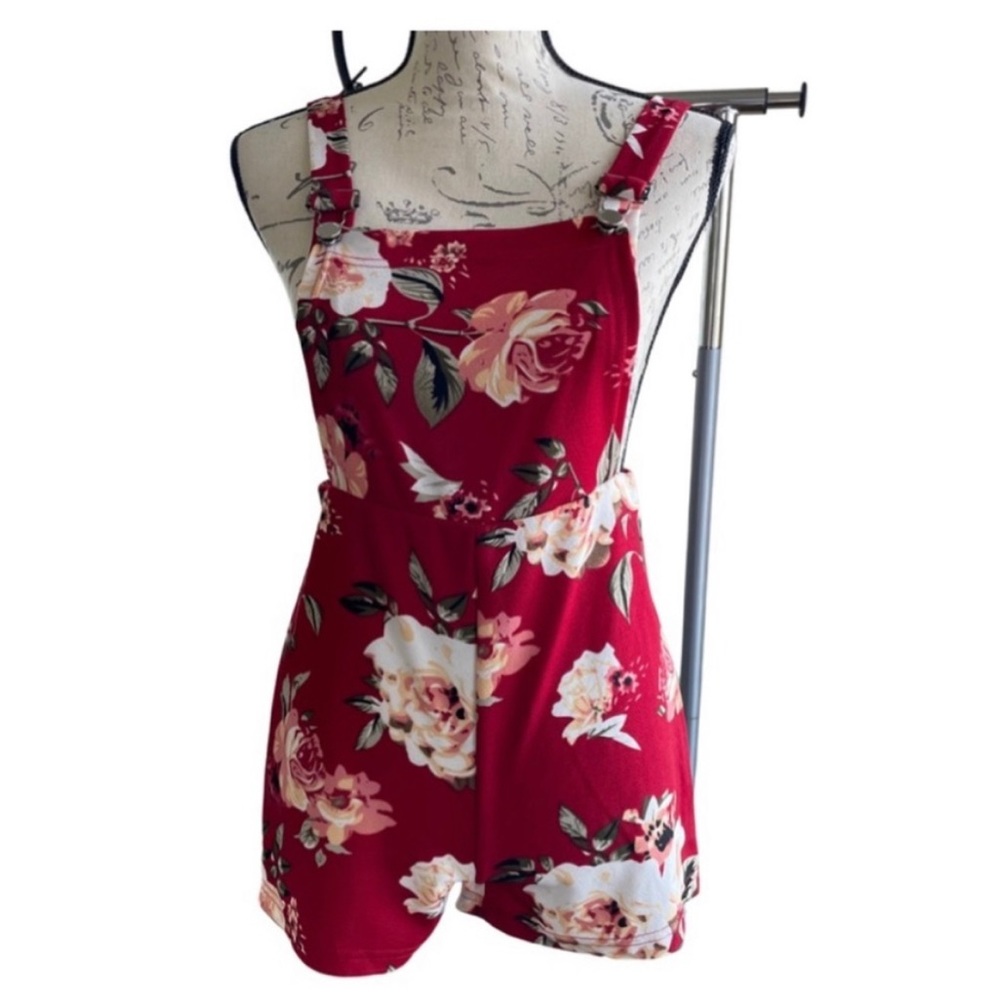 SHEIN Floral-Print Romper Overalls Shorts Multicolor Red Women's Size M|6